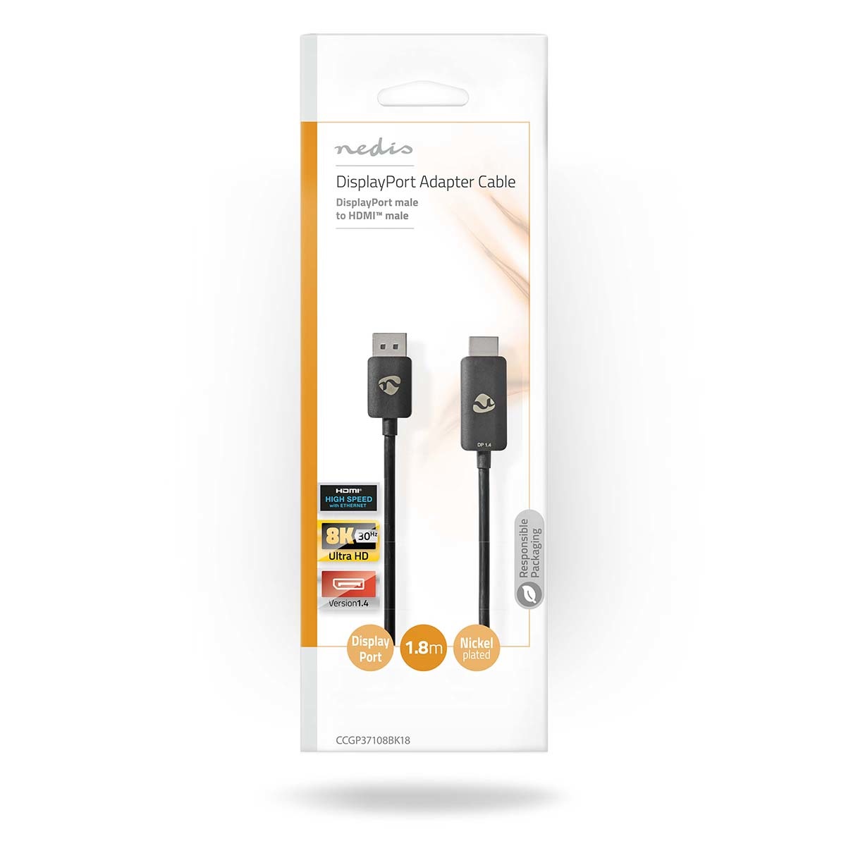 NEDIS Adattatore DisplayPort a HDMI™ 8K @ 30Hz - 1.80 m, Placcato Nichel, Tondo, Nero