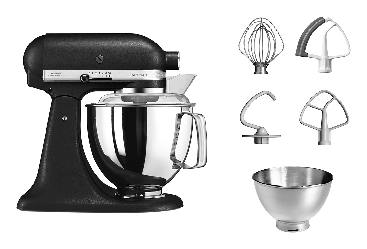 KitchenAid 5KSM175PBK Robot da Cucina 300 W 4,8 L Nero con 7 Accessori Inclusi e Testa Inclinabile