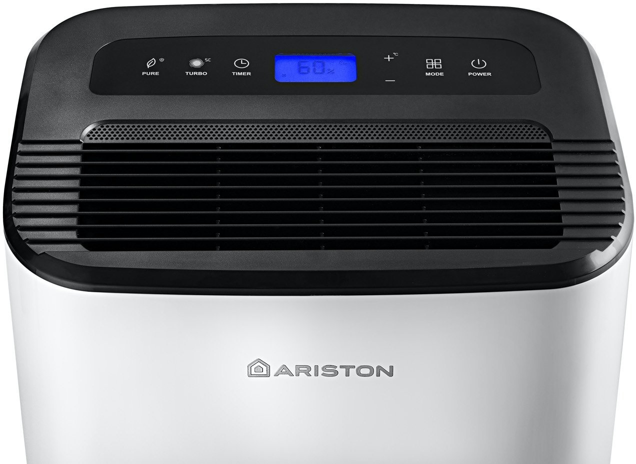 Ariston Deos 21s Deumidificatore Portatile 21 Litri/giorno, 3,3 L Tanica, 41 dB, 395 W, Funzione Super Lavanderia, Purificazione Aria, Nero-Bianco