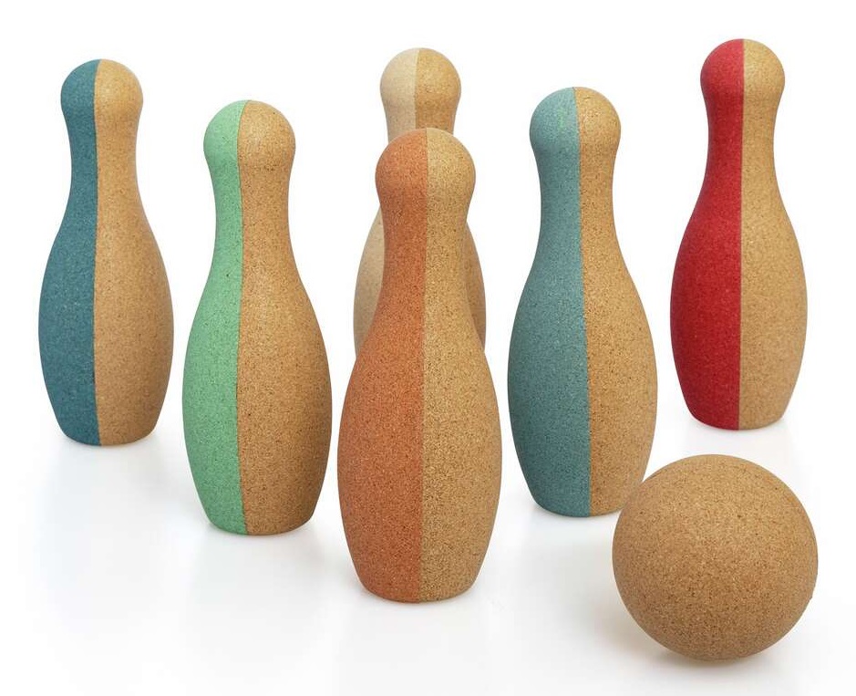 Korko Little Skittles Set da Bowling in Sughero - 6 Coni e 1 Palla per Sviluppo delle Abilità Motorie