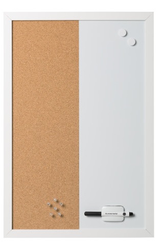 Bi-Office Lavagna Magnetica e Bacheca in Sughero 60 x 40 cm con Cornice Bianca MDF - Cancellabile a Secco