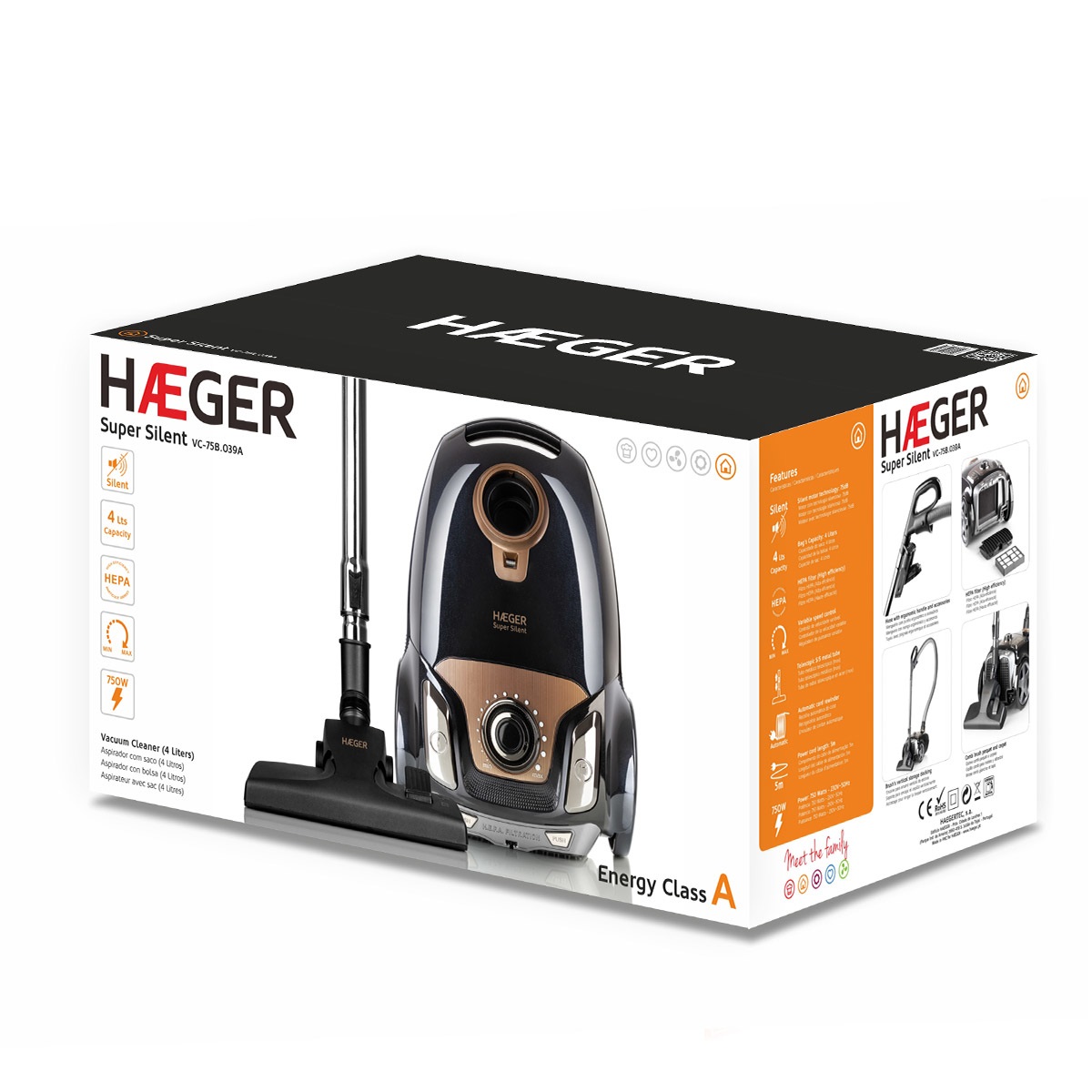HAEGER VC-75B.039A Aspirapolvere a Traino 750W, Capacità 4L, Cilindro Secco, Colore Nero