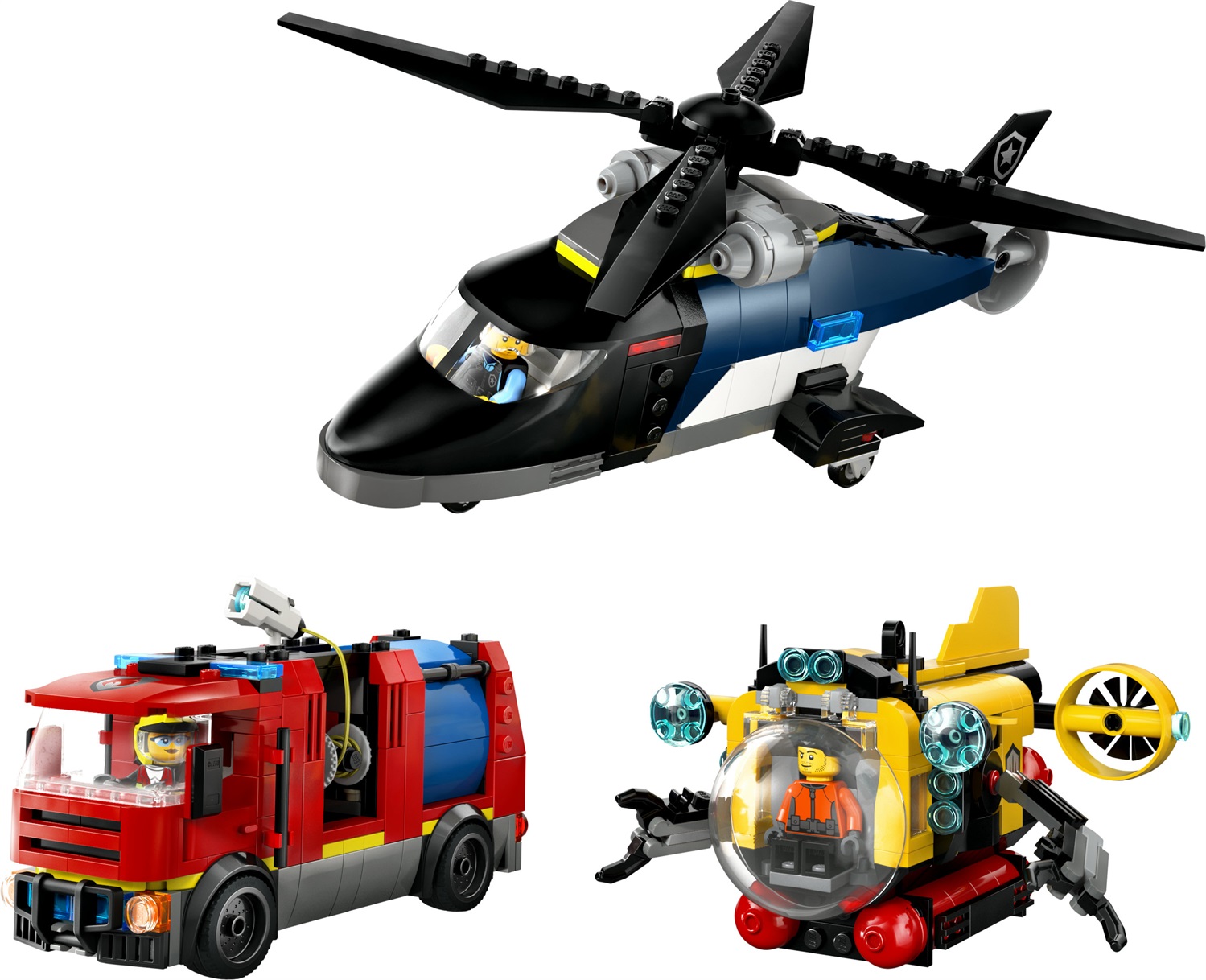 LEGO City 3in1: Elicottero, Autopompa e Sottomarino - Set di Costruzioni con 3 Minifigure per Bambini dai 7 Anni