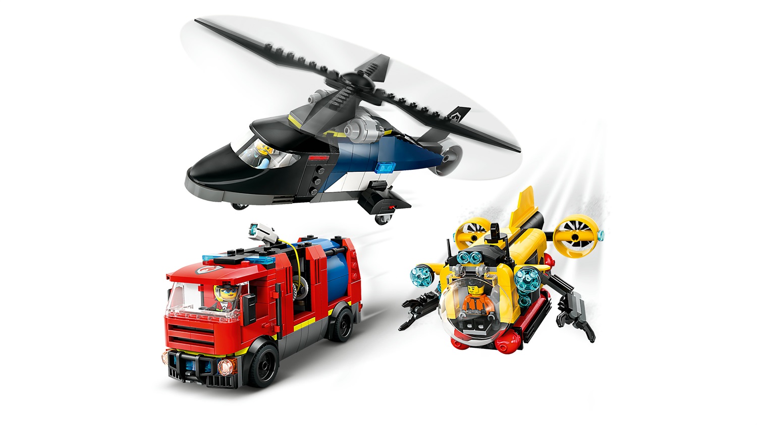 LEGO City 3in1: Elicottero, Autopompa e Sottomarino - Set di Costruzioni con 3 Minifigure per Bambini dai 7 Anni