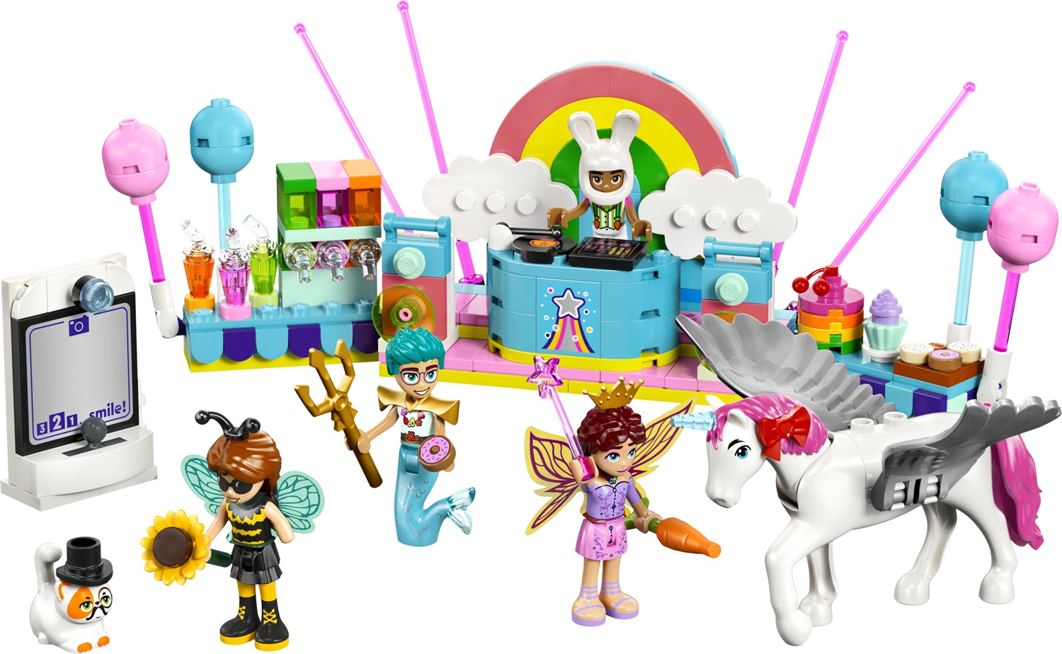 LEGO Friends Party in Costume con Unicorno e Fatina - Set di Costruzione per Bambini dai 6 Anni con 4 Mini Bamboline, Gatto, Cavallo, Palco, Consolle DJ e Cabina Fotografica - 42661
