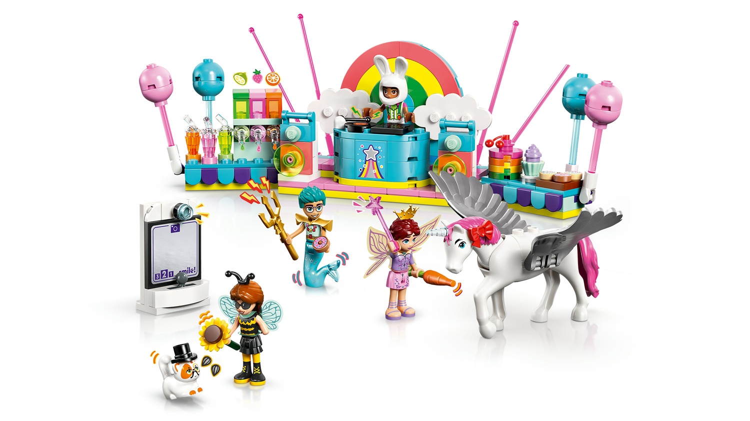 LEGO Friends Party in Costume con Unicorno e Fatina - Set di Costruzione per Bambini dai 6 Anni con 4 Mini Bamboline, Gatto, Cavallo, Palco, Consolle DJ e Cabina Fotografica - 42661