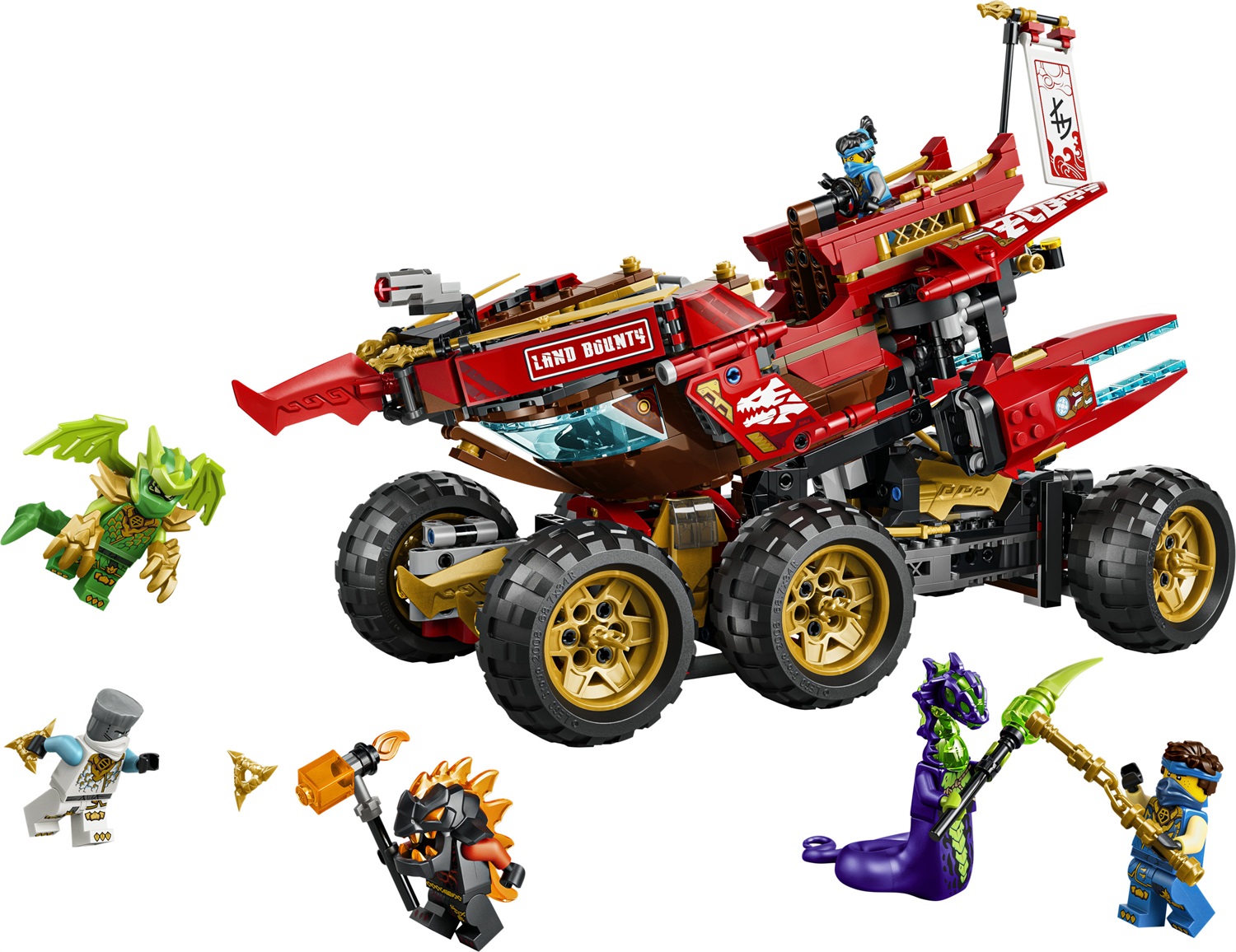 LEGO NINJAGO Bounty di Terra - Giocattolo Ninja 3 in 1 Trasformabile in Nave Volante, Macchina e Moto con 6 Minifigure per Bambini da 9 Anni