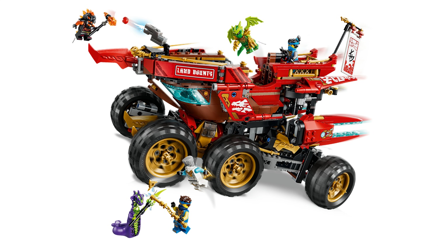 LEGO NINJAGO Bounty di Terra - Giocattolo Ninja 3 in 1 Trasformabile in Nave Volante, Macchina e Moto con 6 Minifigure per Bambini da 9 Anni