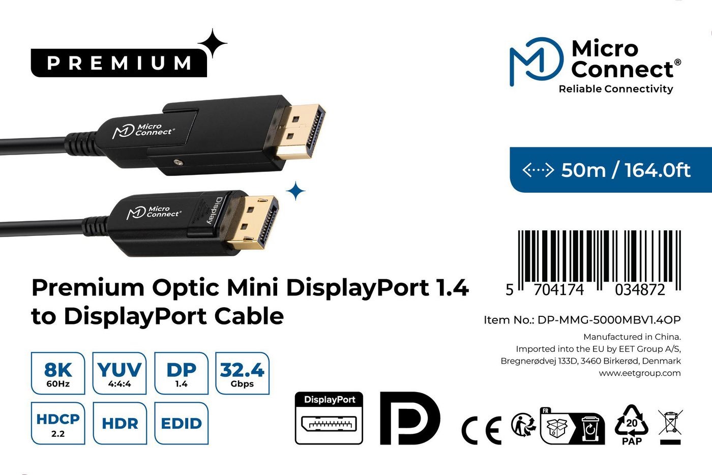 Microconnect DP-MMG-5000MBV1.4OP Cavo DisplayPort 50 m Nero - Supporto 8K 60Hz, 32.4Gbps, YUV 4:4:4, EDID, HBR3, HDCP 2.2, HDR, HEC