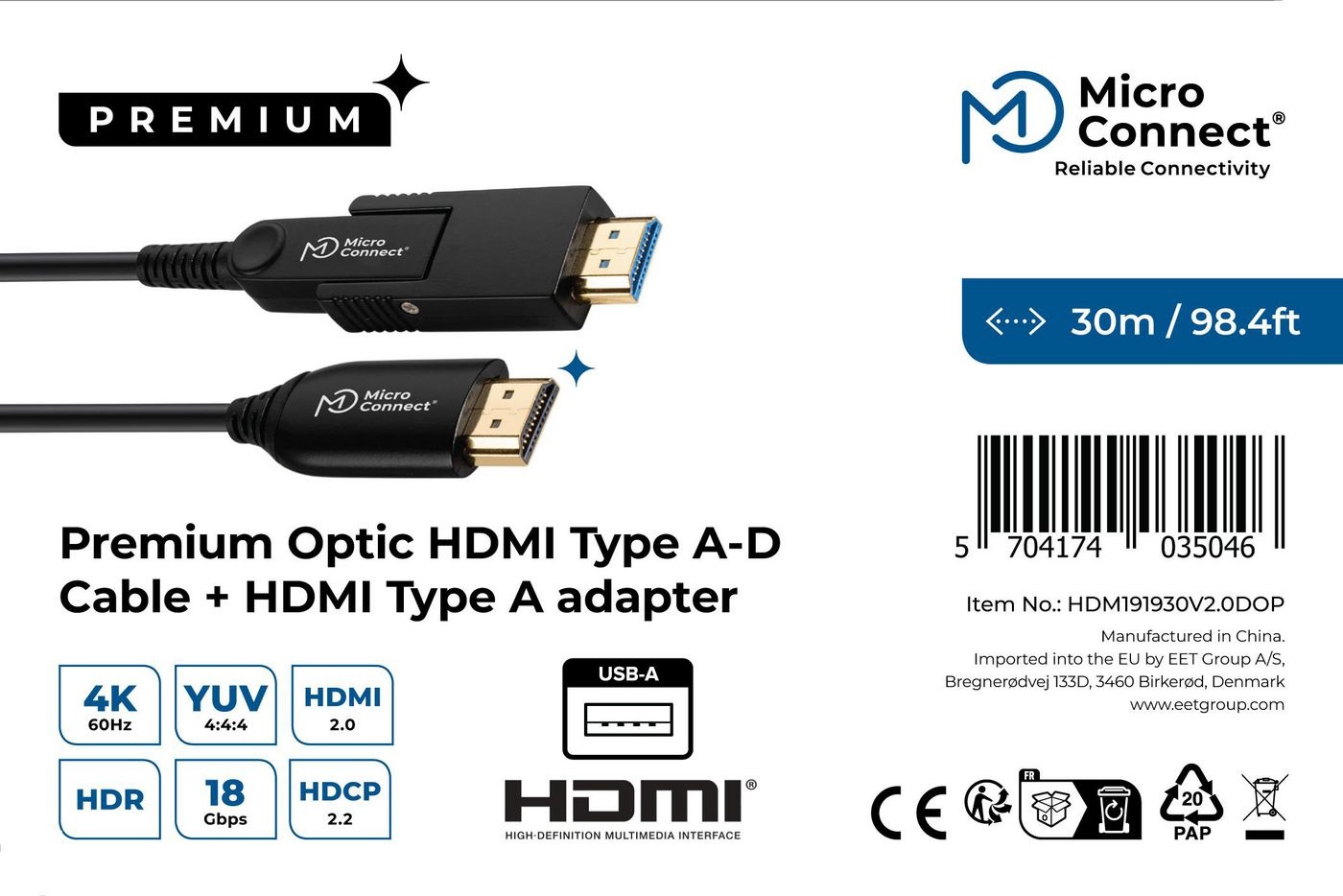 MicroConnect Cavo HDMI Optic Fiber 30m - High Speed Active con Adattatore HDMI Type A e Type D