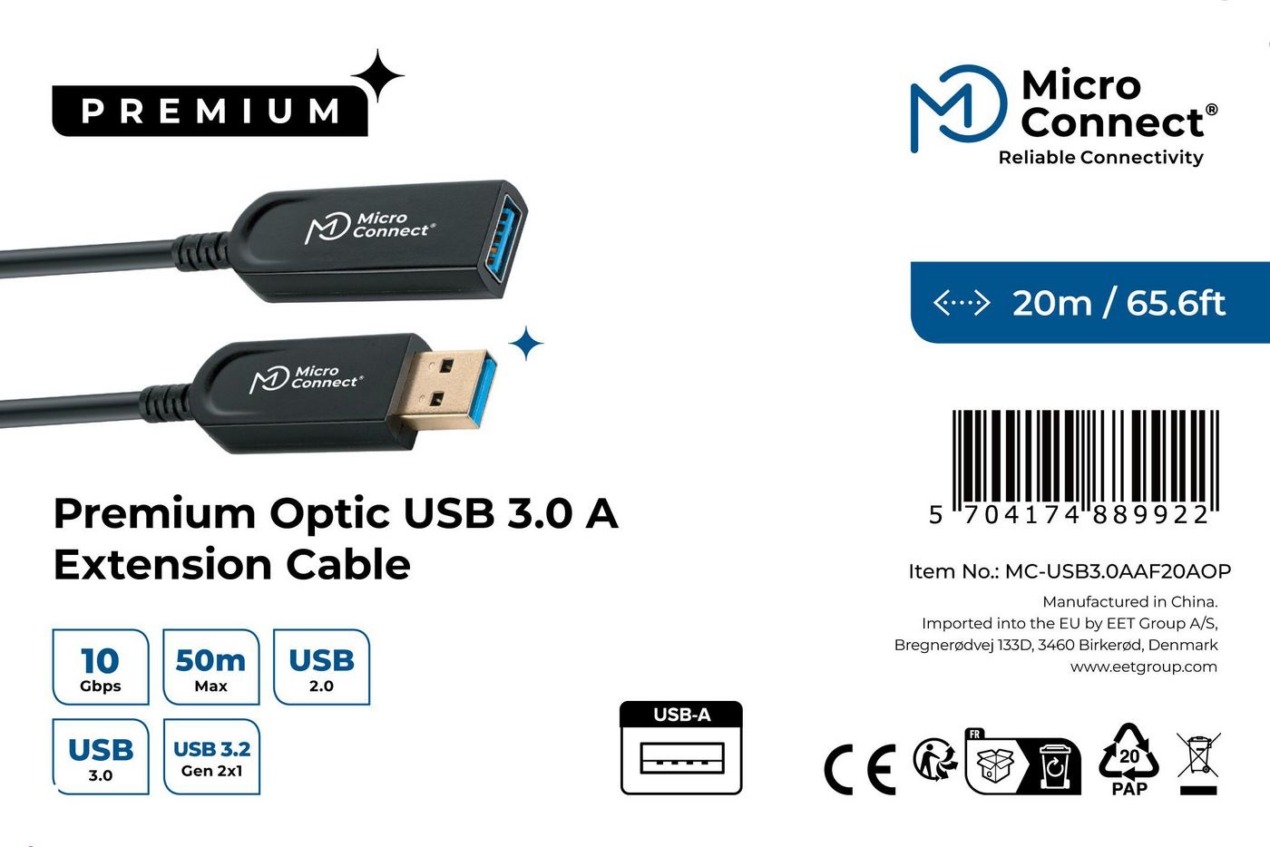 Microconnect Cavo USB 3.2 Gen 1 20m A-A M-F Nero - Cavo Ibrido Ottico Attivo, Velocità 5Gbps