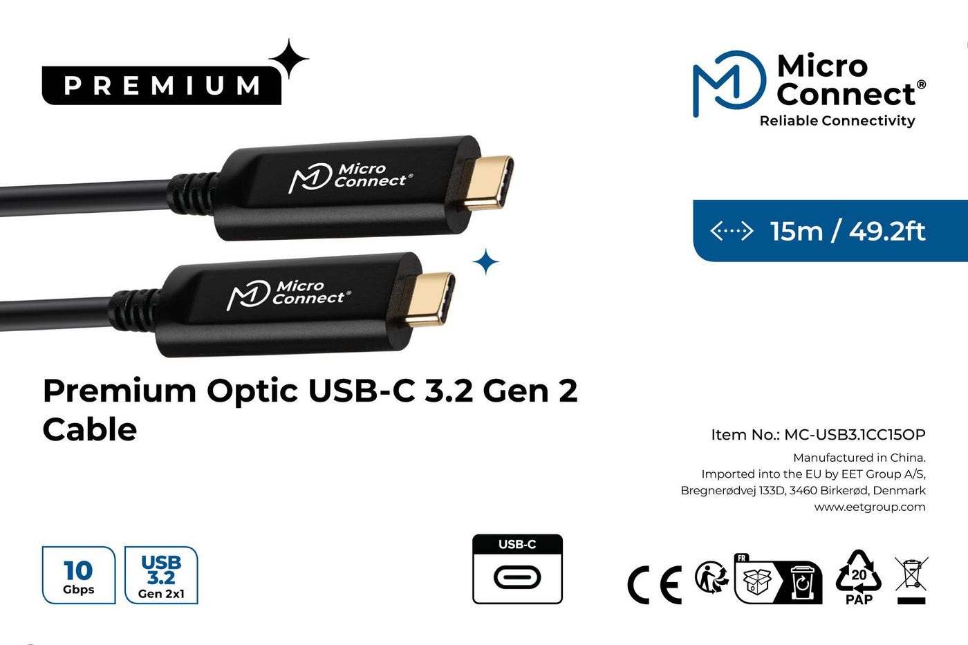 Microconnect MC-USB3.1C15OP Cavo USB 3.2 Gen 2 (3.1 Gen 2) 15 m USB C Nero - Premium Optic Fiber, 10000 Mbit/s, 5V