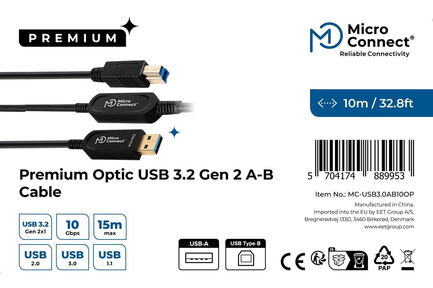 MicroConnect MC-USB3.0AB10OP Cavo USB 3.2 Gen 2 (3.1 Gen 2) Premium Optic 10 m USB A-B Nero