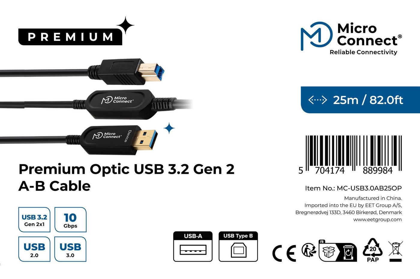 Microconnect MC-USB3.0AB25OP Cavo USB 3.2 Gen 2 (3.1 Gen 2) 25 m A-B Nero - Velocità 10000 Mbit/s, Placcatura Oro