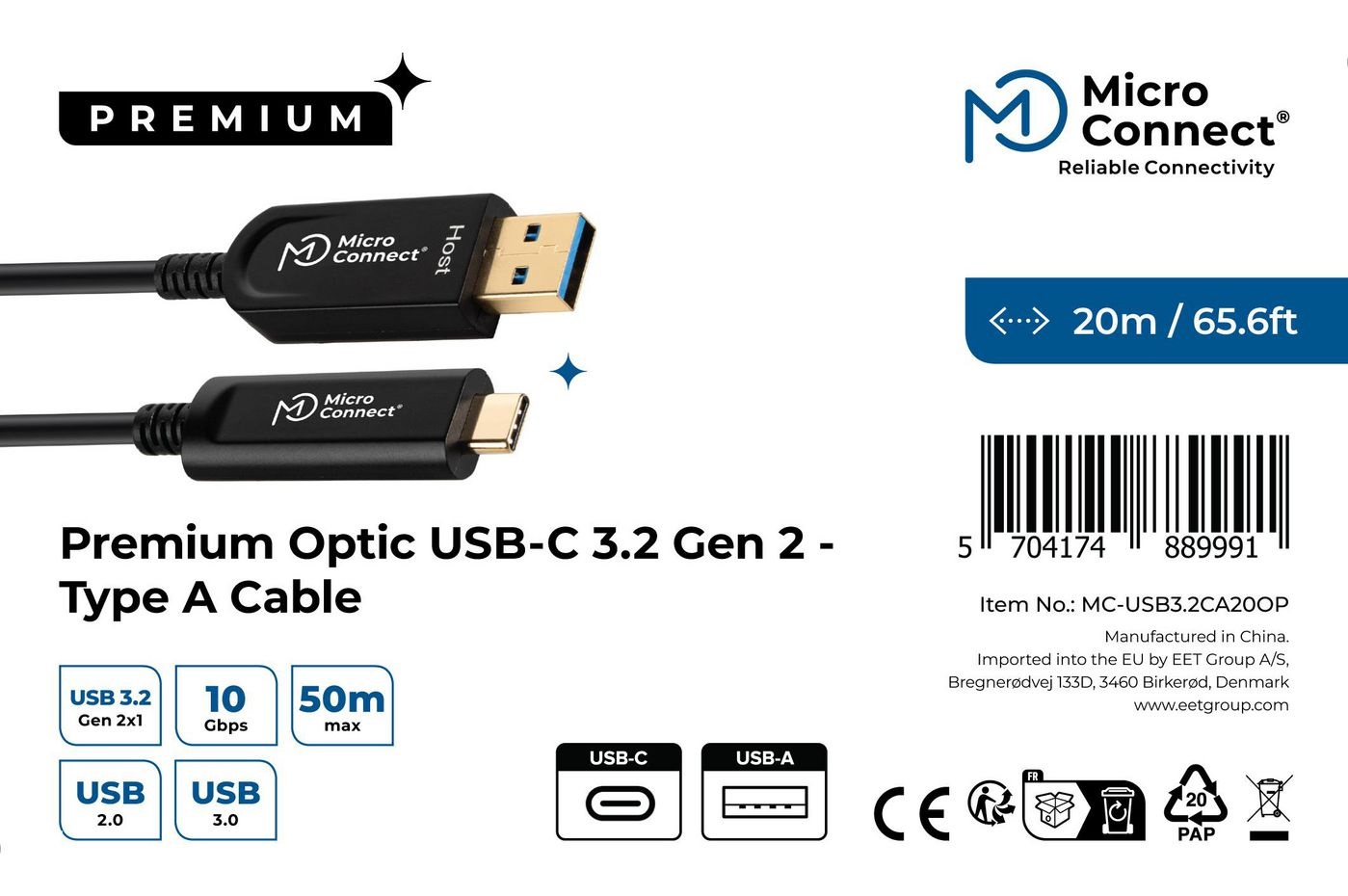 Microconnect MC-USB3.2CA20OP Cavo USB 3.2 Gen 2 (3.1 Gen 2) 20 m con Connettori USB A e USB C - Nero