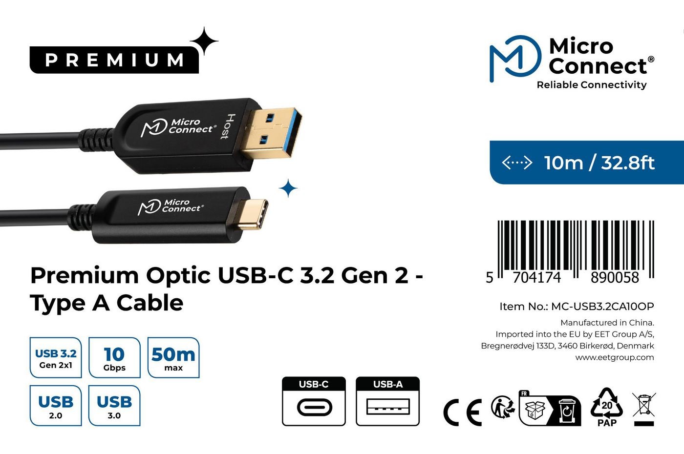Microconnect MC-USB3.2CA10OP Cavo USB 3.2 Gen 2 (10 m) USB A a USB C - Nero - Premium Optic