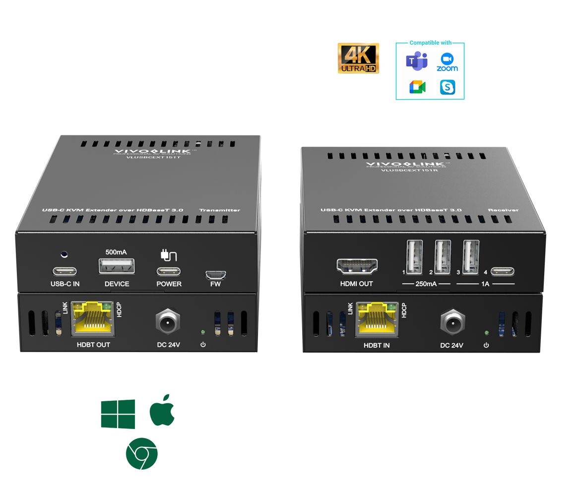 Vivolink VLUSBCEXT151 Estensore KVM USB-C 4K - Trasmettitore e Ricevitore HDBT3.0 con Garanzia di 36 Mesi