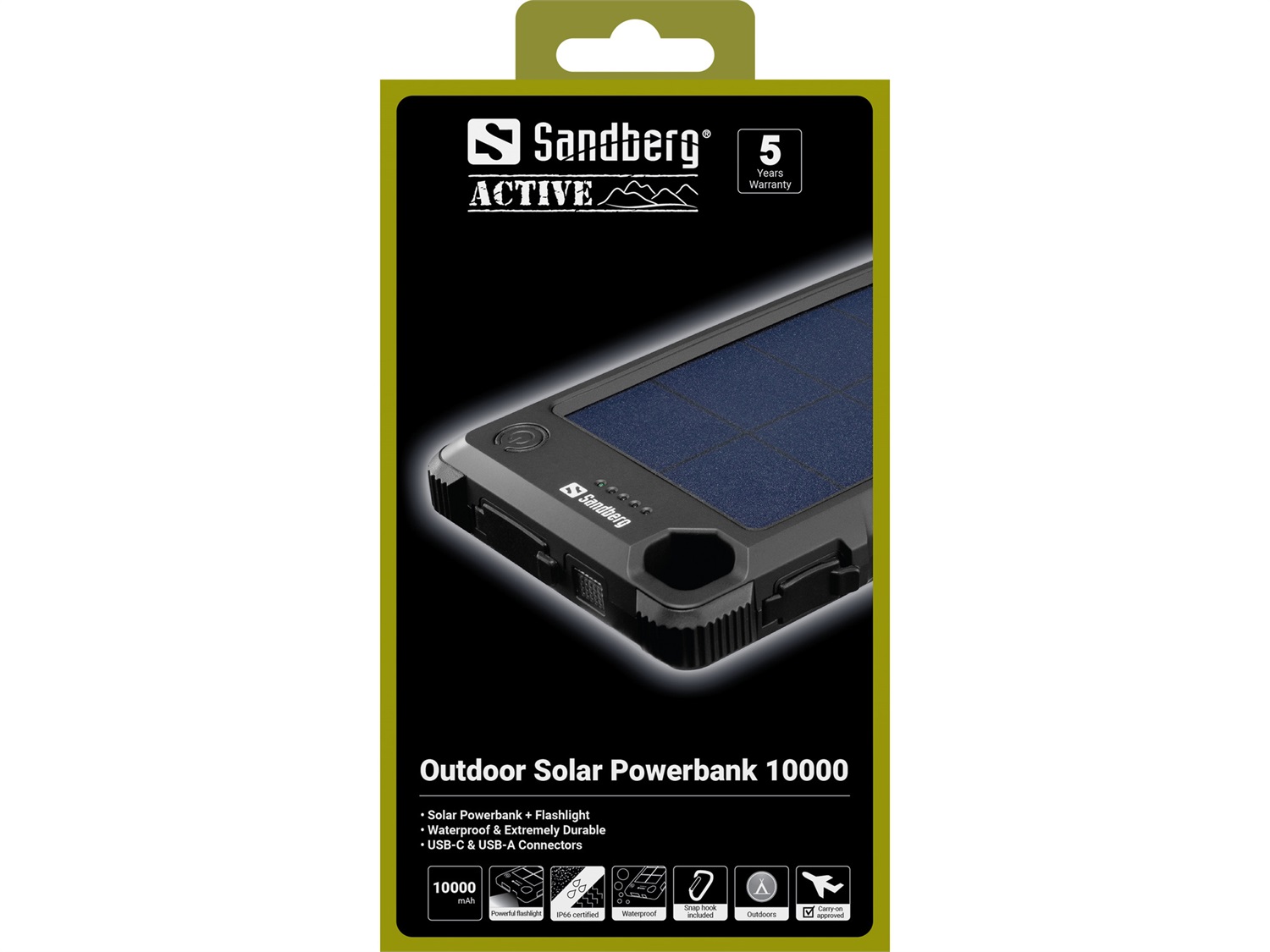 Sandberg Outdoor Solar Powerbank 10000 mAh - Nero, Ricarica Solare e USB, Super Compatto