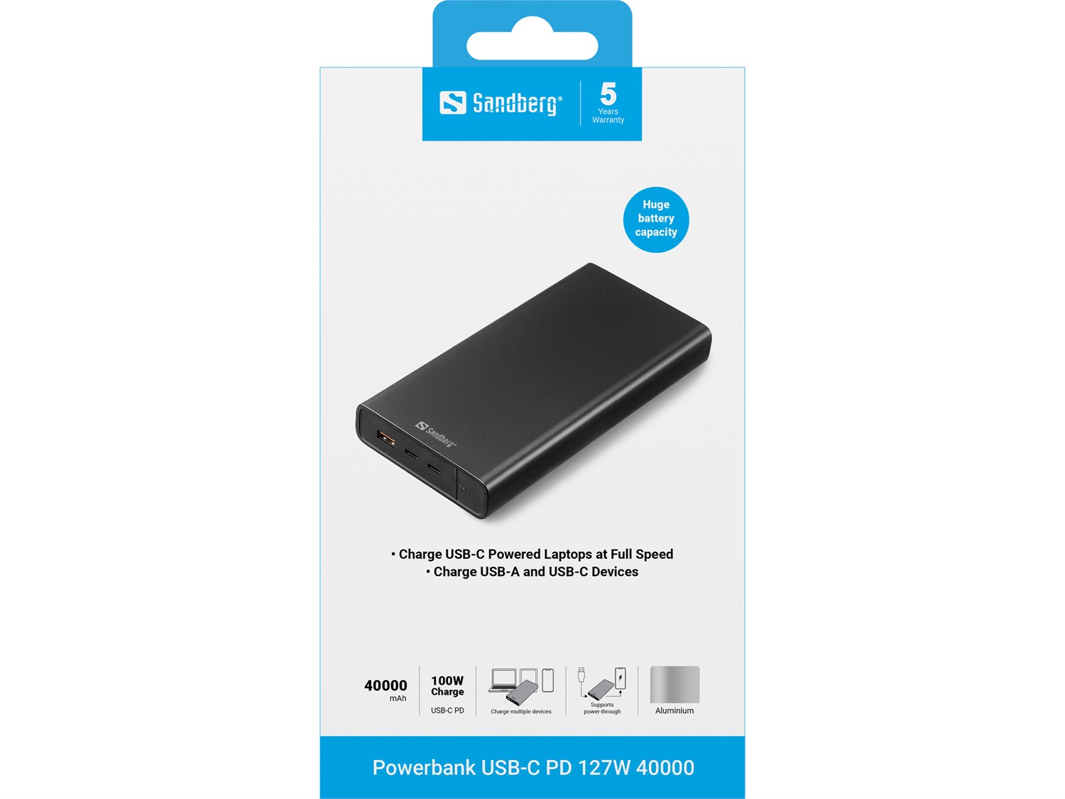 Sandberg 420-63 Batteria Portatile Ioni di Litio 38400 mAh Nero - Powerbank USB-C PD