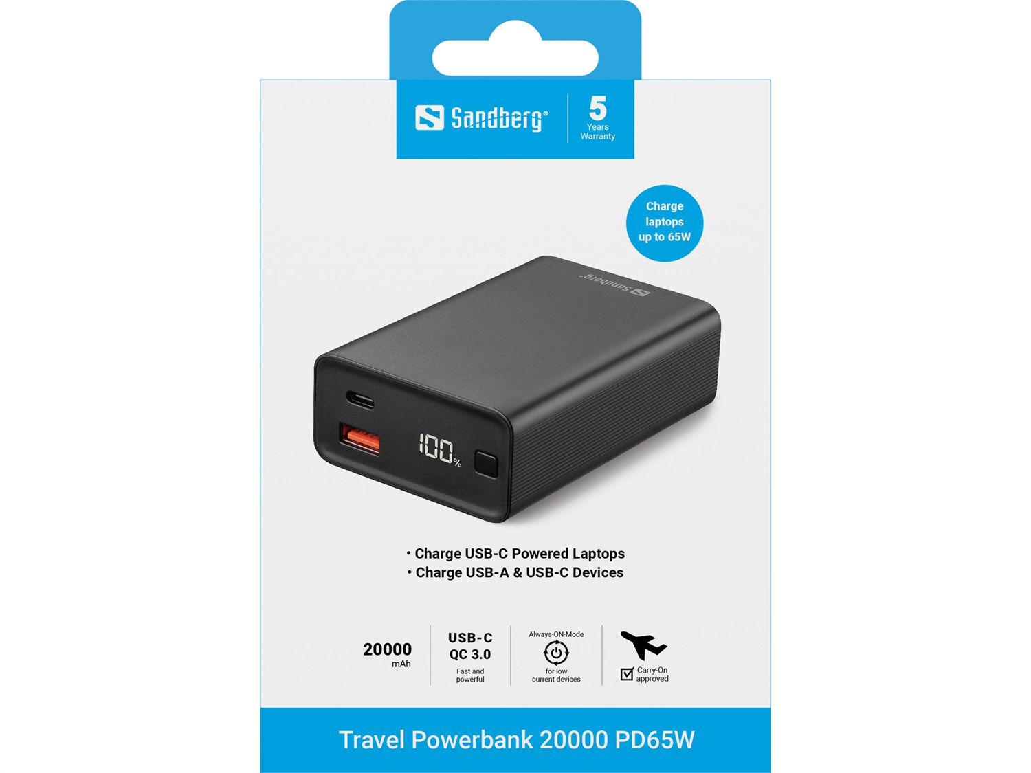 Sandberg Powerbank da Viaggio 20000 mAh PD 65W - Ricarica Rapida e Garanzia 60M