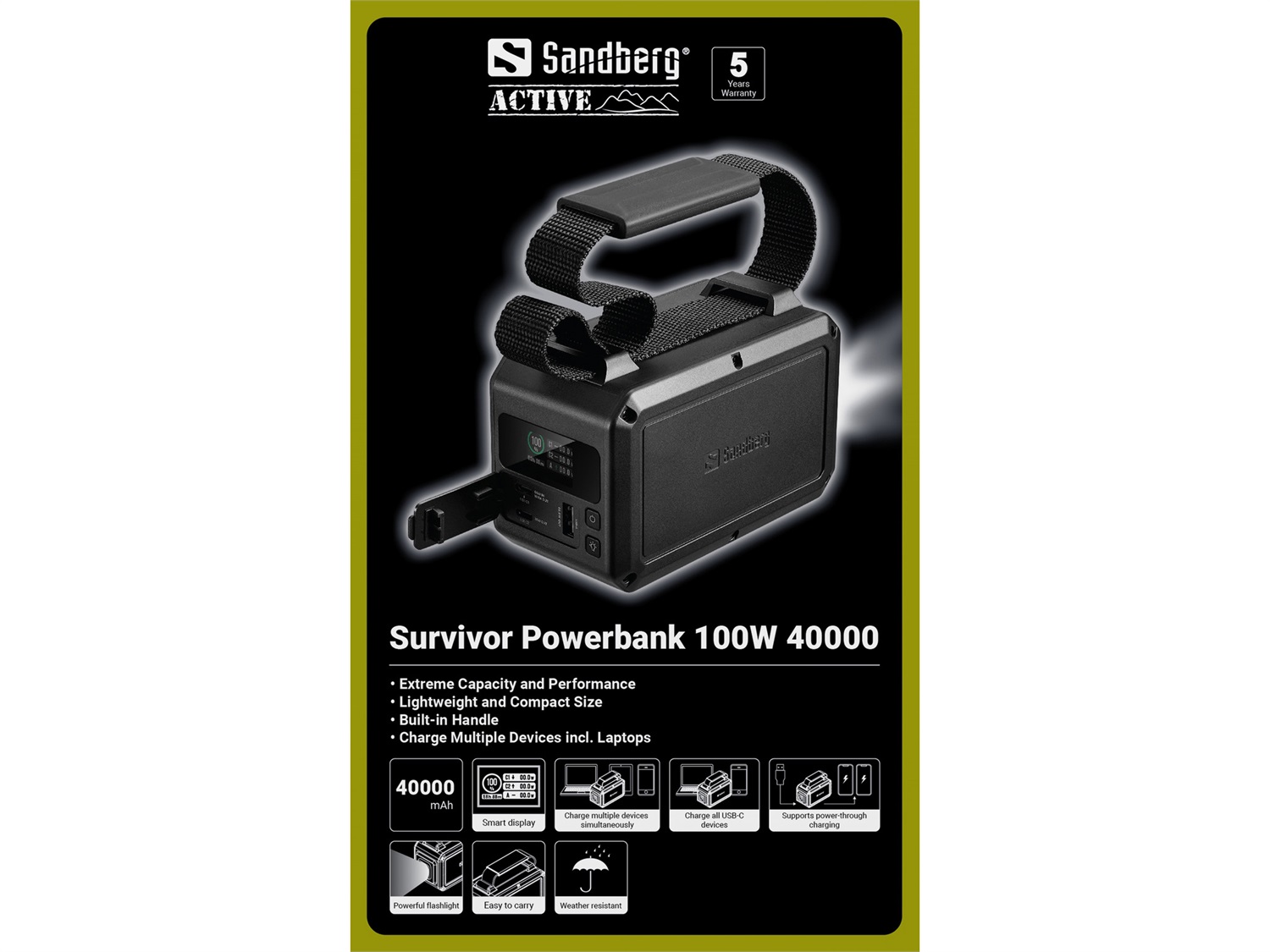 Sandberg Survivor Powerbank 100W - 40000 mAh, 3 porte USB (1 A, 2 C), Quick Charge 3.0