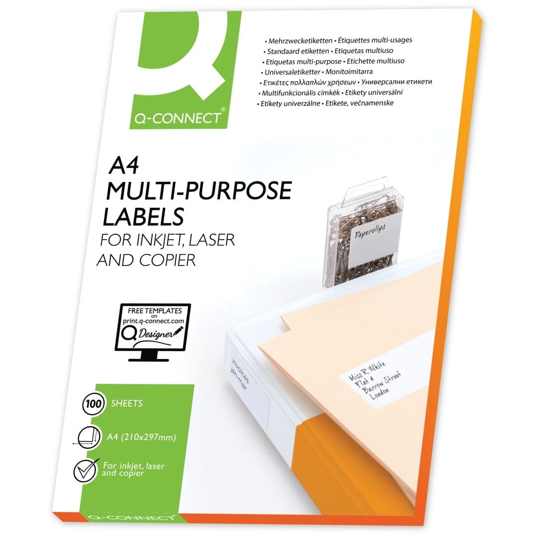 Q-Connect Etichette Universali Autoadesive Bianco 105 x 37 mm - 16 Etichette per Foglio, Confezione da 100 Fogli (1600 Etichette Totali)