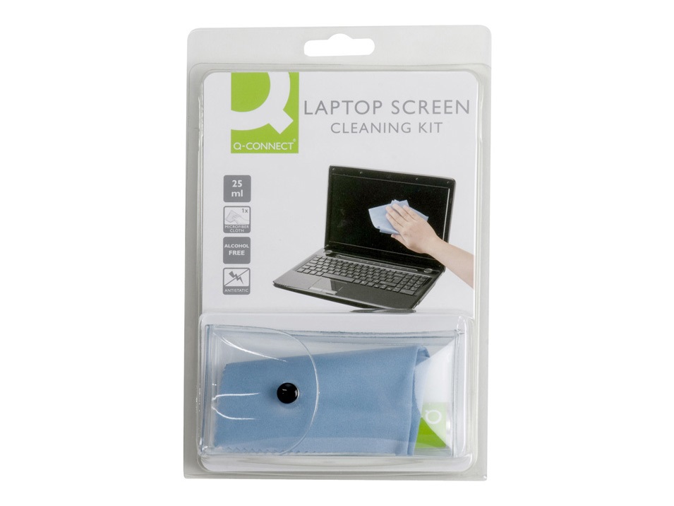 Q-Connect Kit di Pulizia per Laptop con Spray da 25 ml e Panno in Microfibra Blu - Ideale per Palmari e Touch Screen