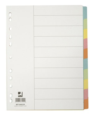 Q-Connect Divisori Colorati A4 con Indice Scrivibile - 10 Fogli in Cartoncino Manilla 175 g/m² - Certificati Blue Angel e PEFC