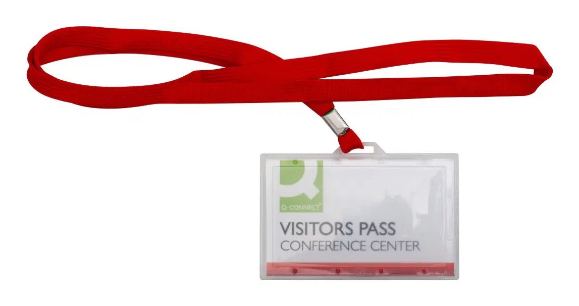 Q-Connect Portabadge Rigido 94x60 mm con Cordoncino Rosso e Fascia Morbida - Confezione da 50 Pz