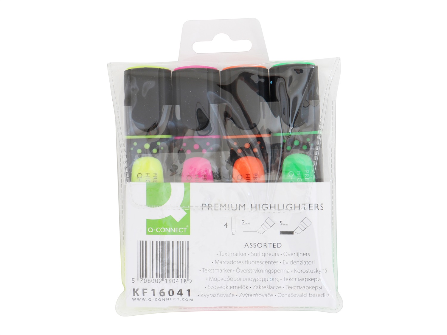 Q-Connect Evidenziatore Punta a Scalpello 2-5 mm con Impugnatura Gommata - Astuccio da 4 Colori (Giallo, Rosa, Arancio, Verde) - KF16041