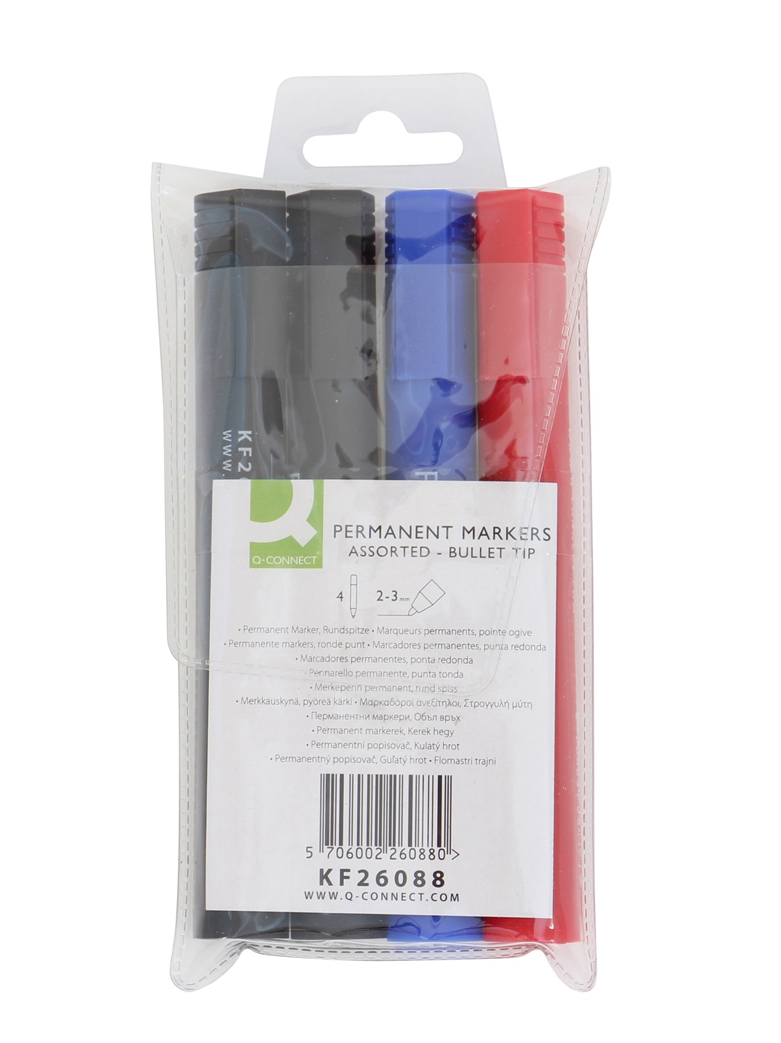 Q-Connect Marcatore Permanente Punta Tonda 2-3 mm - Astuccio con 4 Colori Assortiti (2 Nero, 1 Rosso, 1 Blu)