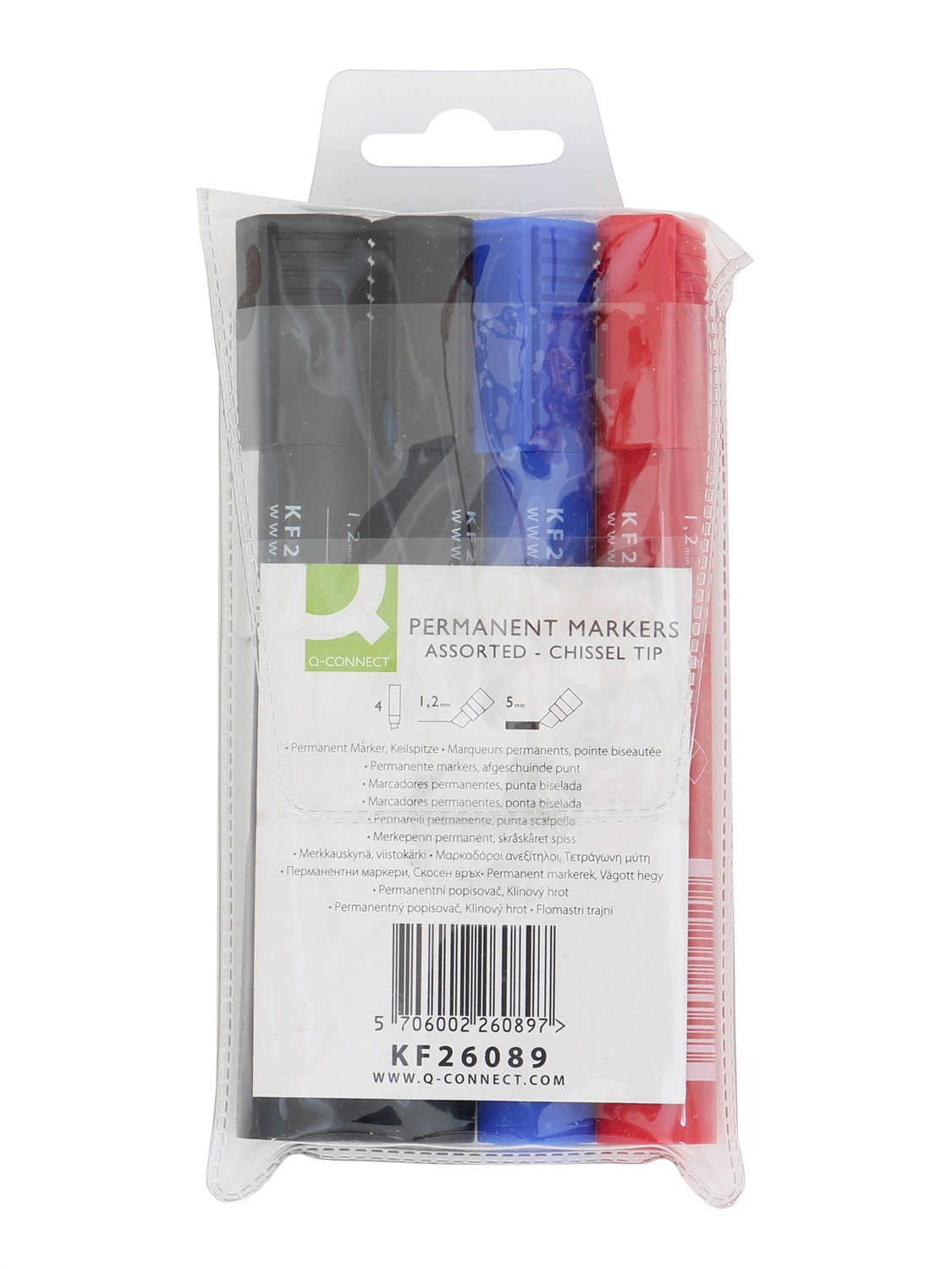 Q-Connect Marcatore Permanente Punta a Scalpello 1,2 - 5 mm Assortiti (Conf. da 4 Colori: 2 Nero, 1 Rosso, 1 Blu)