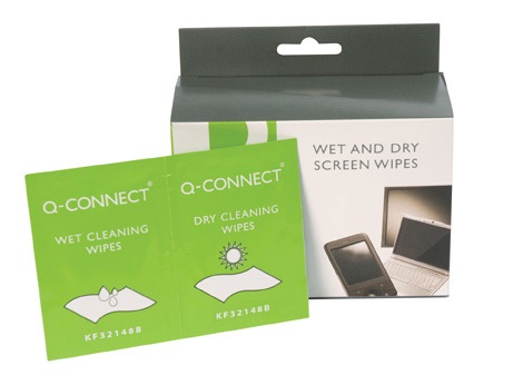 Q-Connect Salviette di Pulizia Bagnate/Asciutte - Scatola da 20 Bustine Doppie, Antistatiche e Senza Alcool