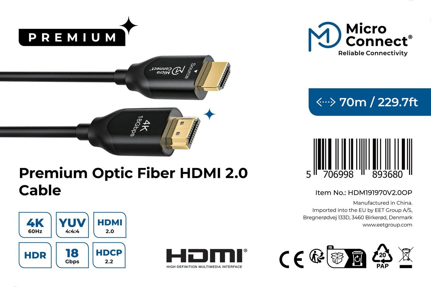 Microconnect HDM191970V2.0OP Cavo HDMI 70 m High Speed Active Optic HDMI tipo A (Standard) Nero - HDMI 2.0