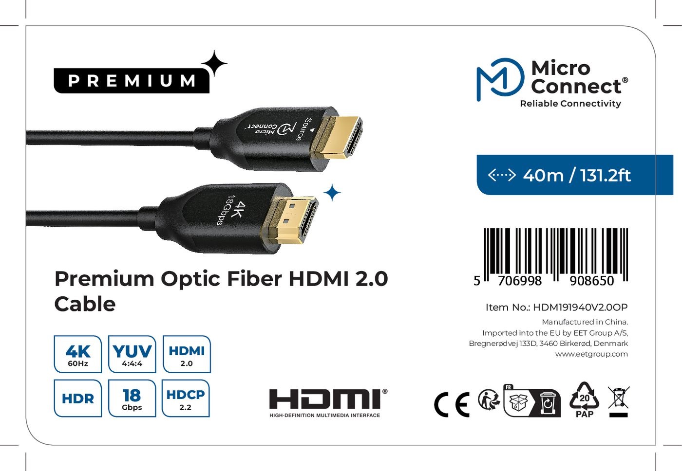 MicroConnect Cavo HDMI 40m Tipo A High Speed Active Optic HDMI 2.0