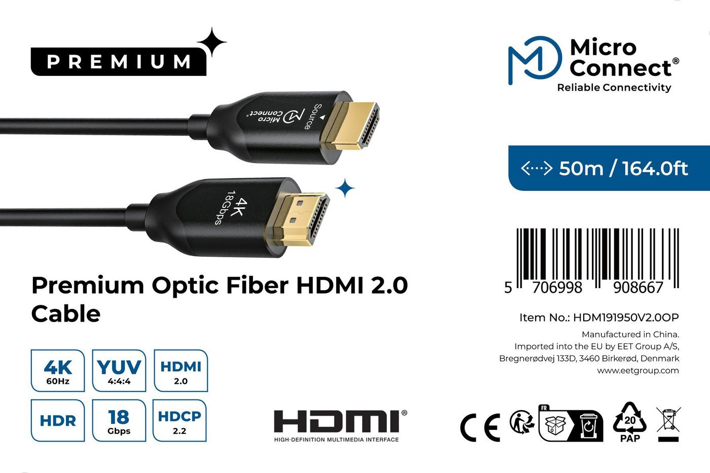 Microconnect Cavo HDMI 50 m High Speed Active Optic HDMI 2.0 Tipo A Nero
