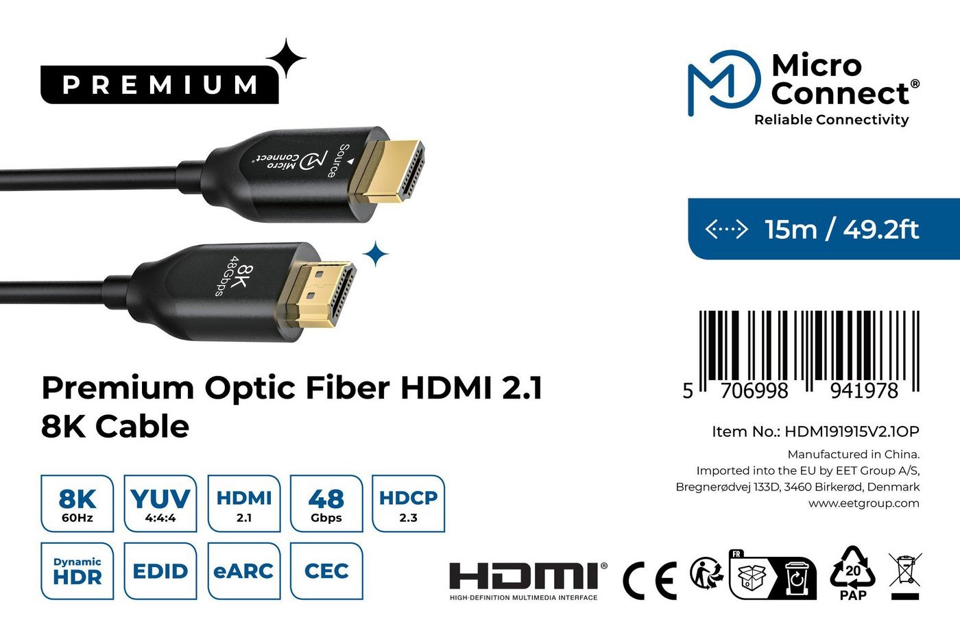 MicroConnect HDM191915V2.1OP Cavo HDMI 15 m Ultra High Speed Active Optic HDMI tipo A (Standard) Nero - HDMI 2.1 8K