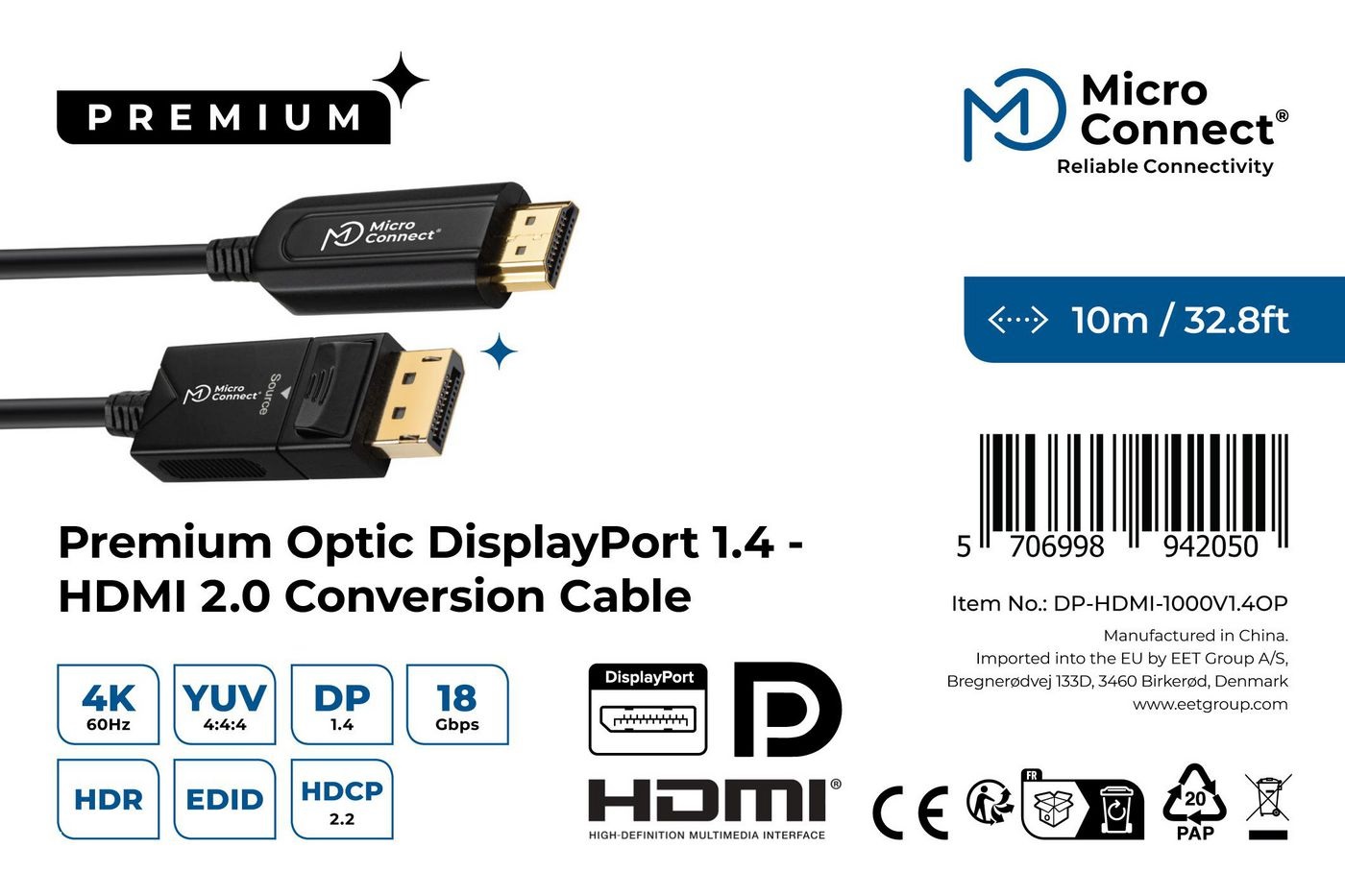 Microconnect Premium Optic DP-HDMI-1000V1.4OP Cavo 10m DisplayPort a HDMI 2.0 Tipo A Nero