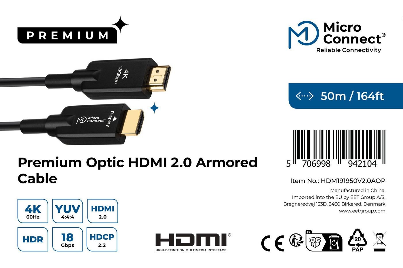 Microconnect HDM191950V2.0AOP Cavo HDMI 50 m Tipo A (Standard) Nero - Premium Optic Cable Armored 2.0 4K 60Hz, 18Gbps, Supporto YUV4:4:4, EDID/HDCP2.2/HDR/ARC