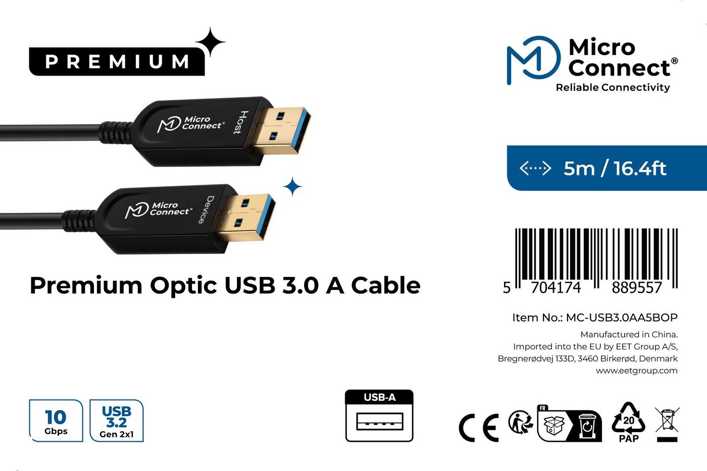 MicroConnect Premium Optic Cavo USB 3.2 Gen 1 A-A 10m Nero - 5Gbps