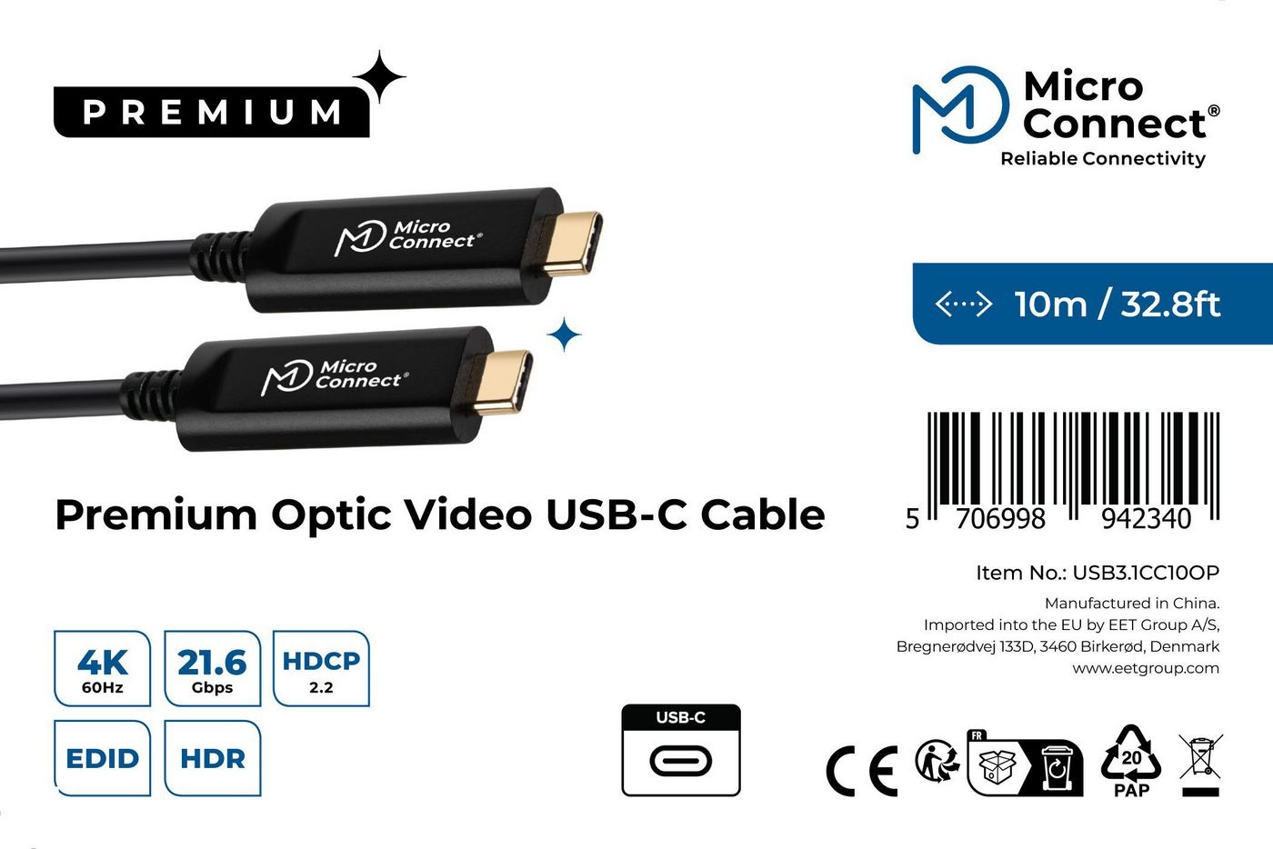 Microconnect Premium Optic USB-C 10m - Cavo USB 3.2 Gen 1 (3.1 Gen 1) Nero, Supporta 4K a 60Hz