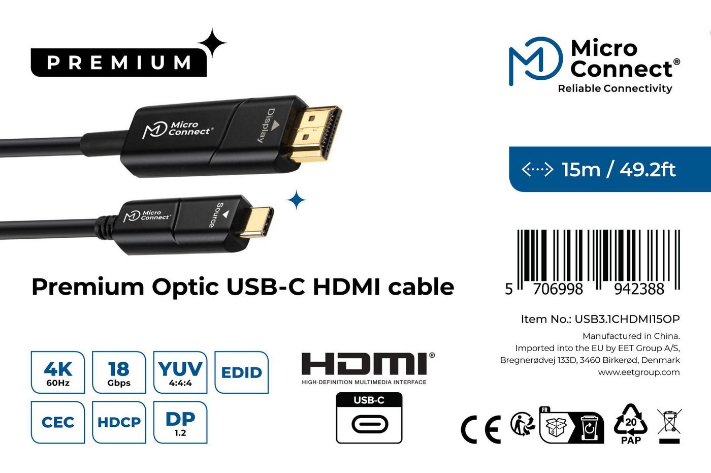 MicroConnect Cavo Fibra USB-C a HDMI 15 m - 4K 60Hz, 18Gbps, RoHS