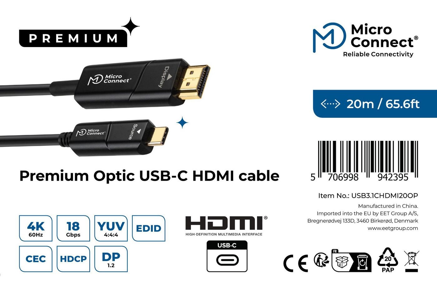MicroConnect Cavo Fibra USB-C a HDMI 20m - 4K 60Hz, 18Gbps, Certificato RoHS