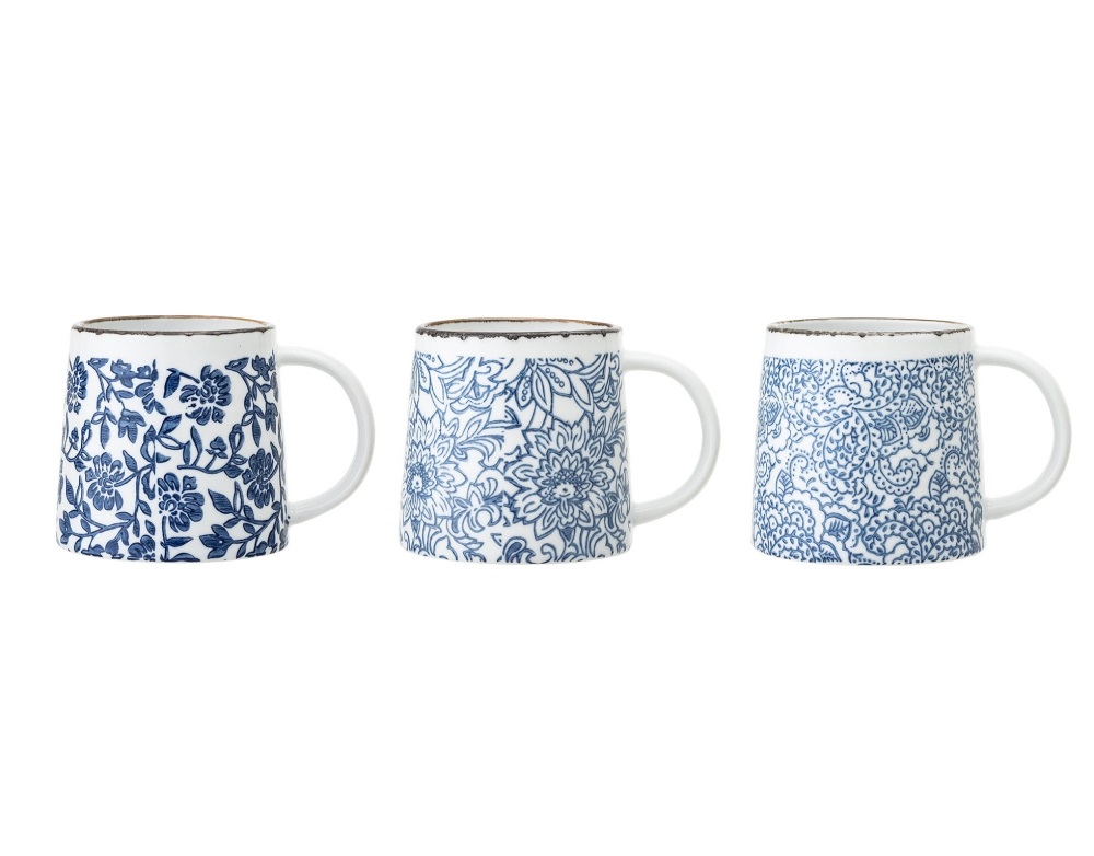 Bloomingville Set di 3 Tazze Molly in Gres Blu e Bianco - Capacità 400 ml