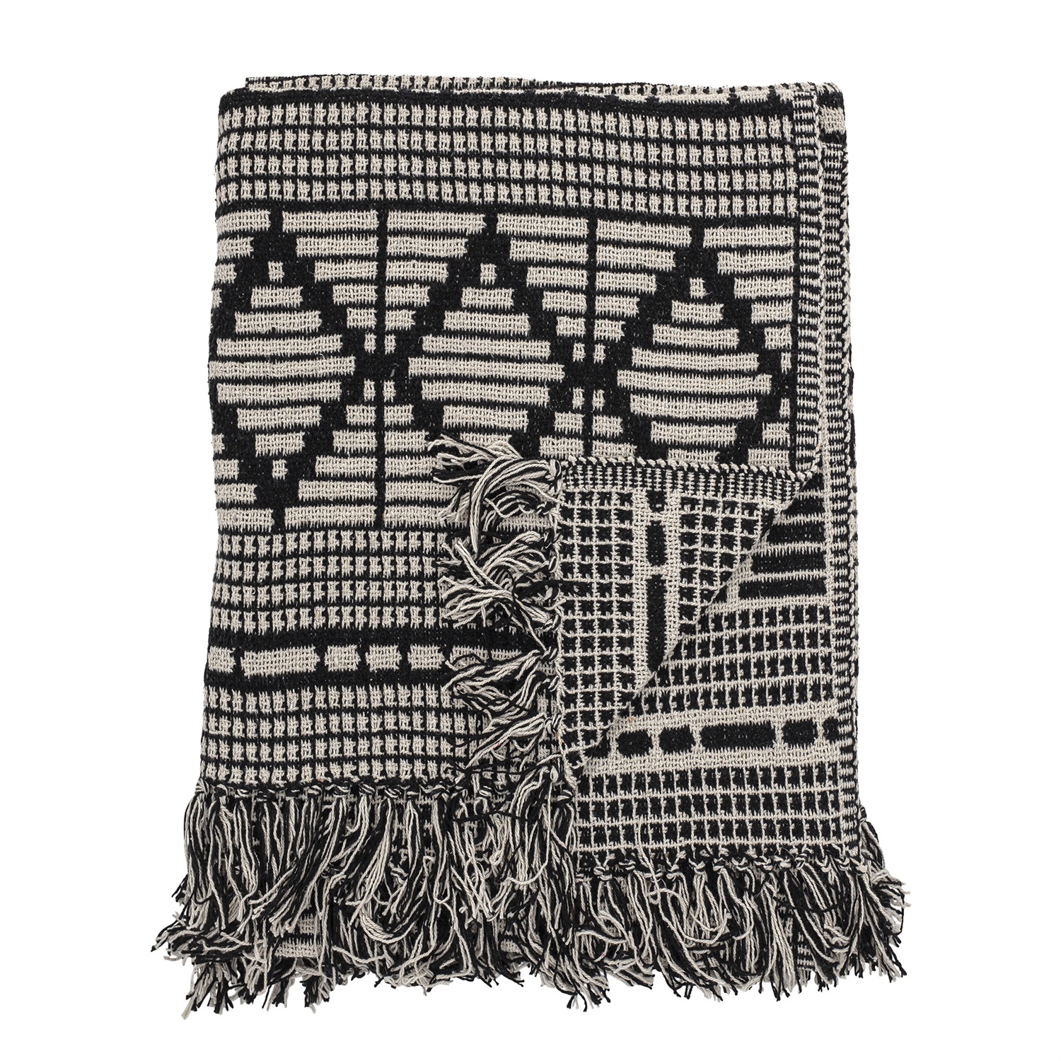 Bloomingville Copriletto Gutte Nero 130 x 160 cm in Cotone Riciclato e Poliestere con Frange
