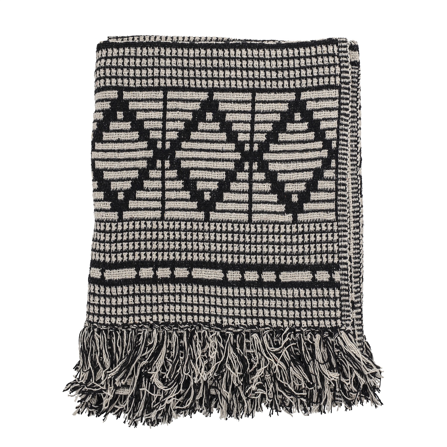 Bloomingville Copriletto Gutte Nero 130 x 160 cm in Cotone Riciclato e Poliestere con Frange