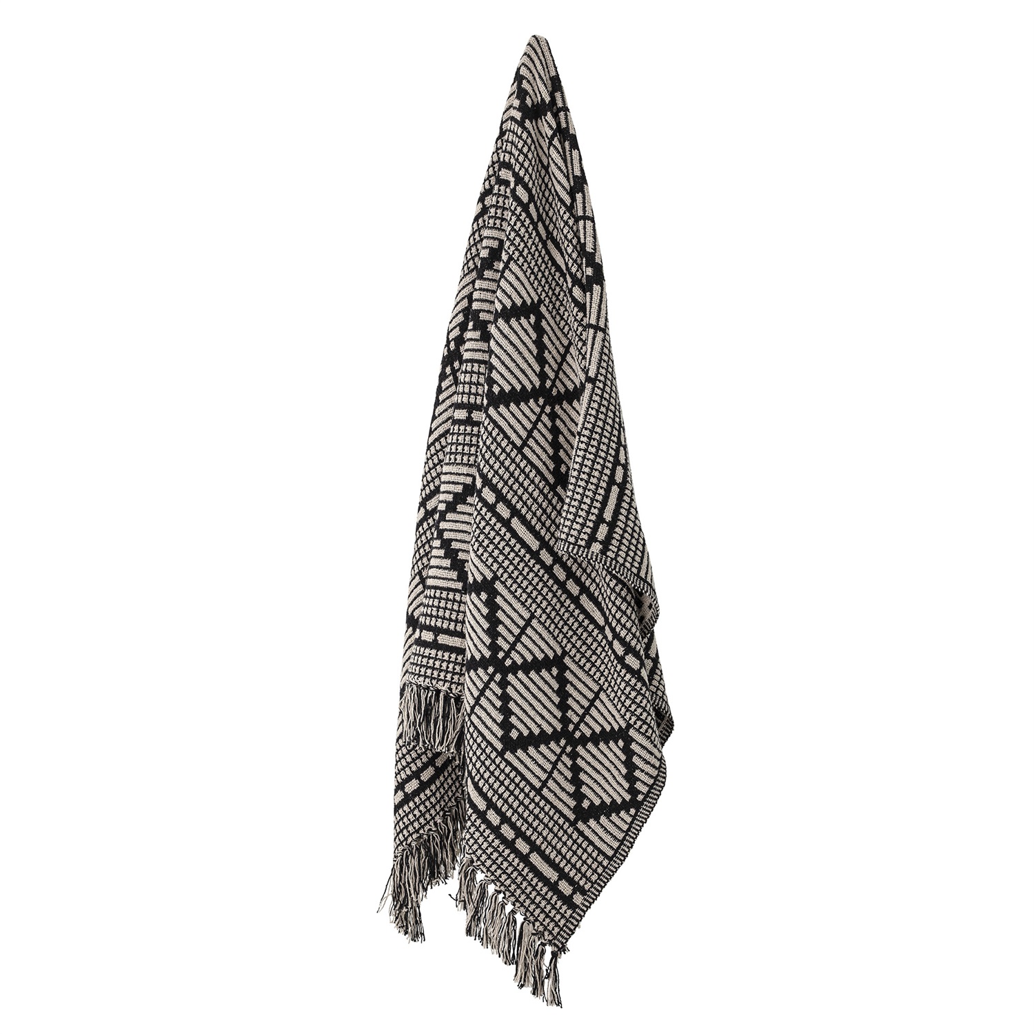 Bloomingville Copriletto Gutte Nero 130 x 160 cm in Cotone Riciclato e Poliestere con Frange