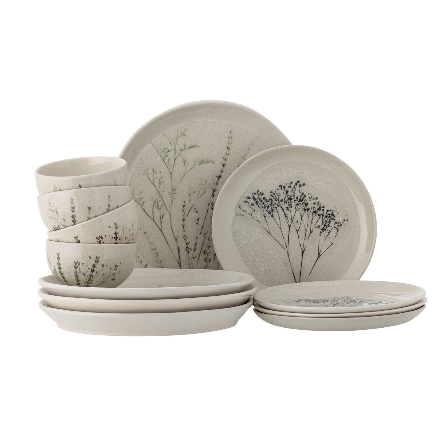 Bloomingville Bea - Set di stoviglie in gres naturale fatto a mano per 4 persone con motivo erbe