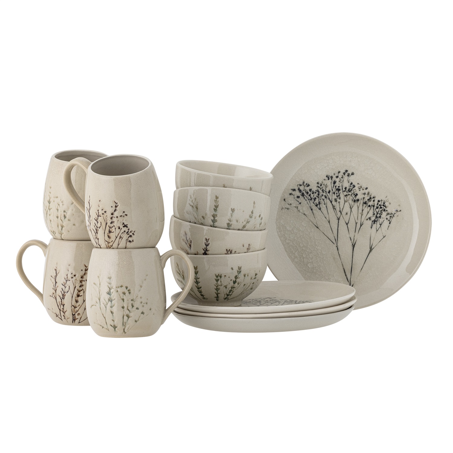 Bloomingville Set da Colazione Bea - 12 Pezzi in Gres Porcellanato con Motivo Floreale Dipinto a Mano