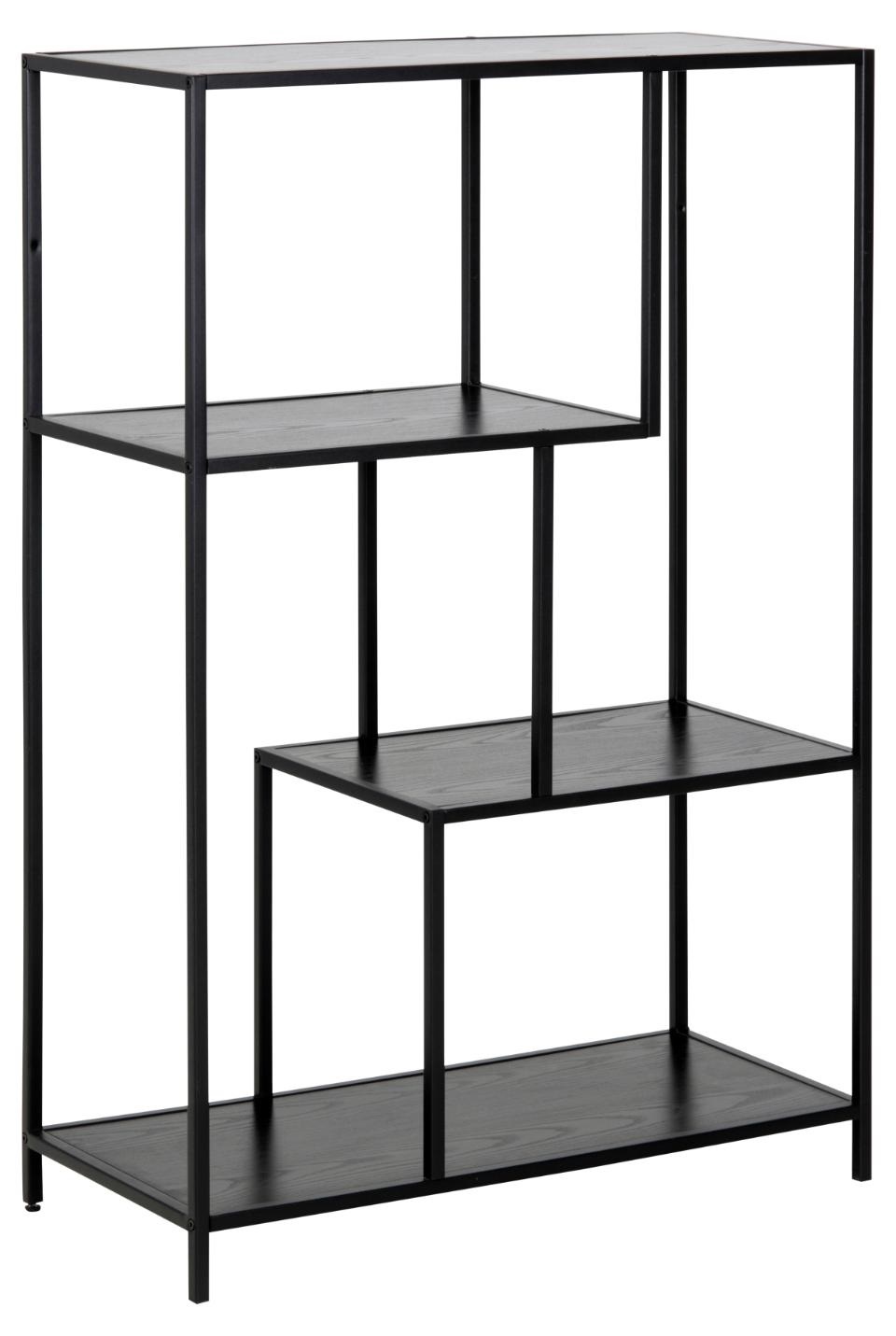 AC Design Scaffale Seaford - Libreria Asimmetrica con 3 Ripiani, Altezza 114 cm, Larghezza 77 cm, Profondità 35 cm, Nero Frassino/Nero, Legno e Metallo